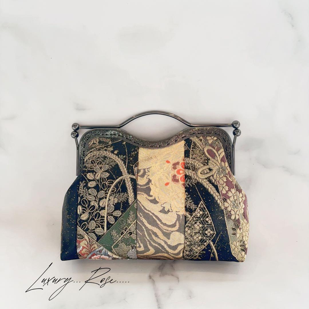 1点限定♡4種類パッチワーク大迫力のシック高級西陣帯地で極上ブラック系帯バッグ