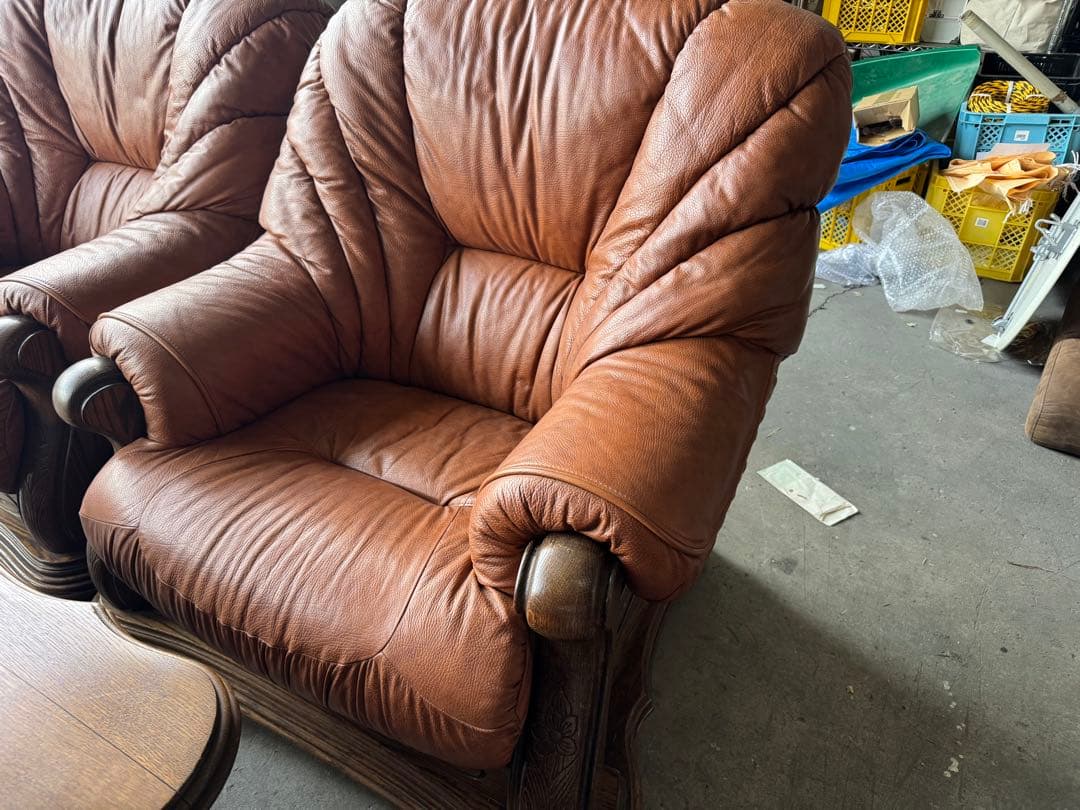 エリア内送料込高級 応接セット 浜本工芸風 ナラ材 3Pソファ テーブル レトロ