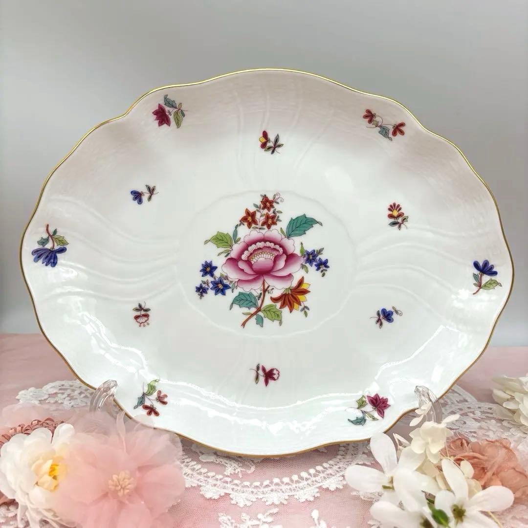 美品 ヘレンド 南京ブーケ オバールプレート 楕円皿 美品 金彩 花柄
