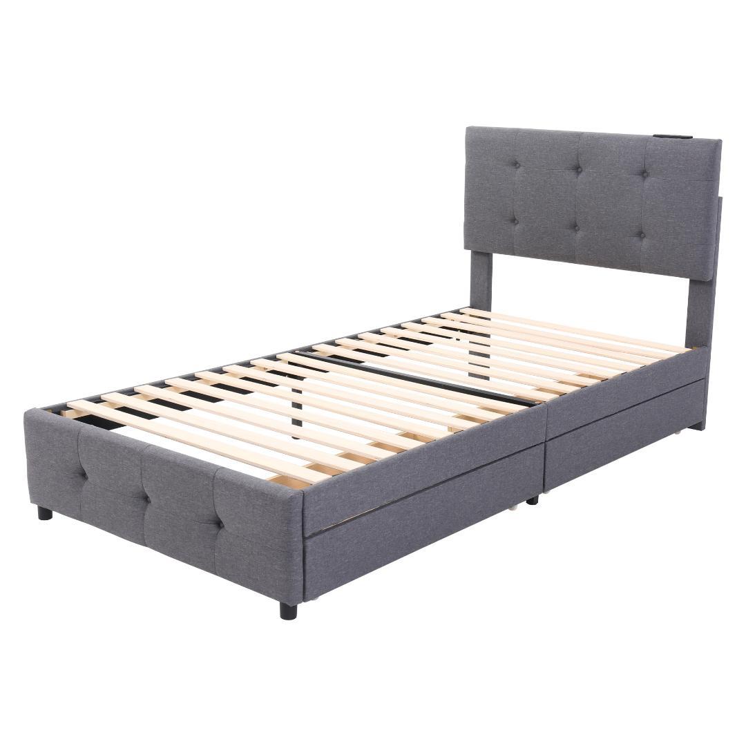 大人気！（S）ファブリックベッド ベッドフレーム　コンセント付き　ダークグレー