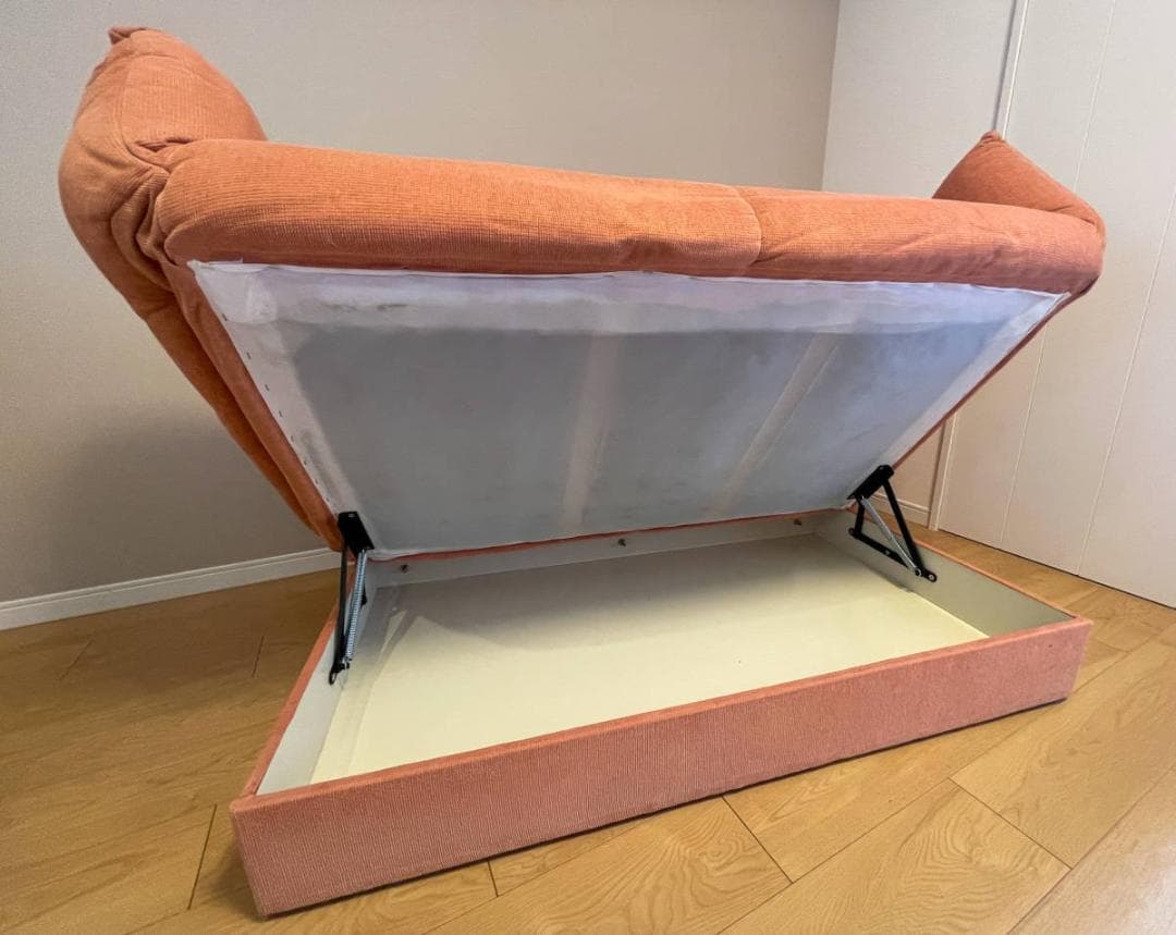 レンガ色煉瓦色 2人掛けワイドソファベッド広い収納付き120㎝180㎝簡易ベッド