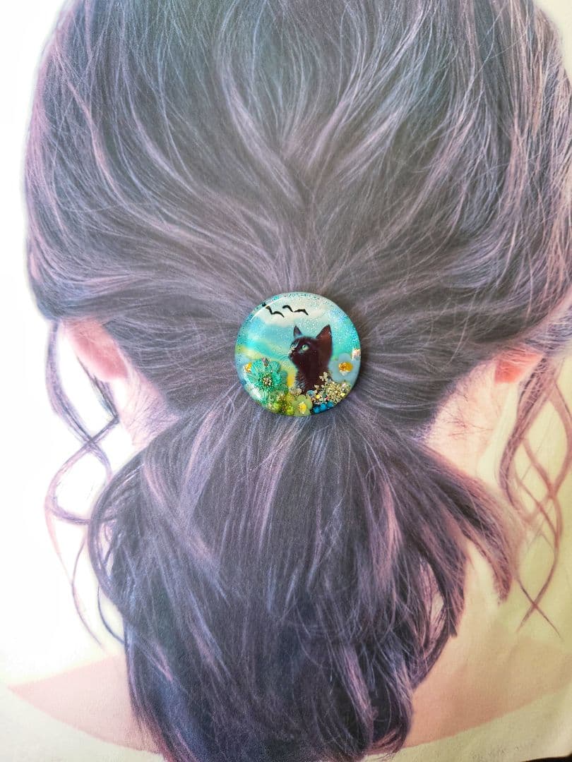レジン　猫　ヘアゴム　ブローチ　ポニーフック　No.485