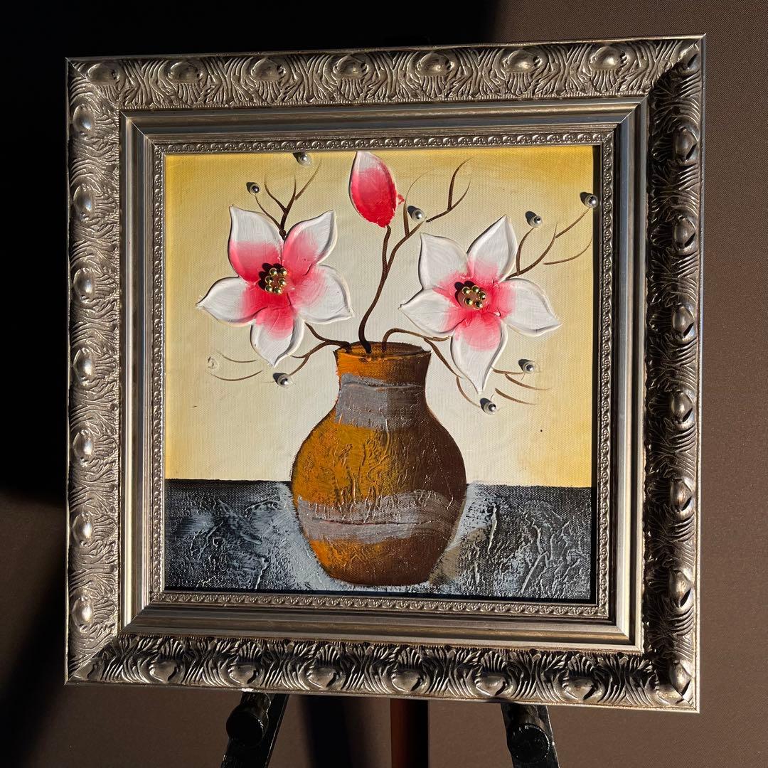在庫処分セール★手書き油絵 花瓶の花 額付 絵画 インテリア 油彩画