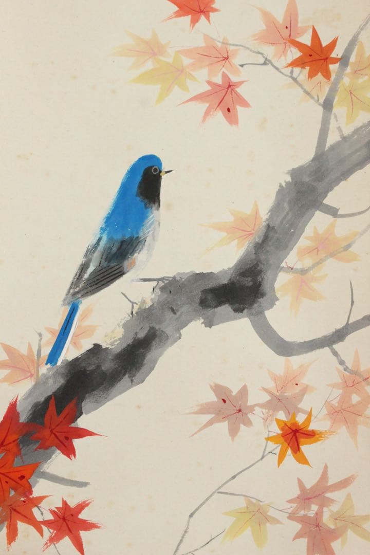 No5704 掛軸　北上聖牛　「紅葉」　紙本着色　共箱　日本画　花鳥　送料無料