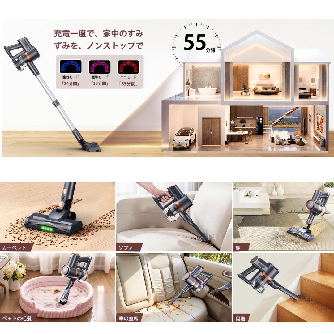掃除機 コードレス 超強力吸引 75Kpa 最軽量 自立式 グリーンLED