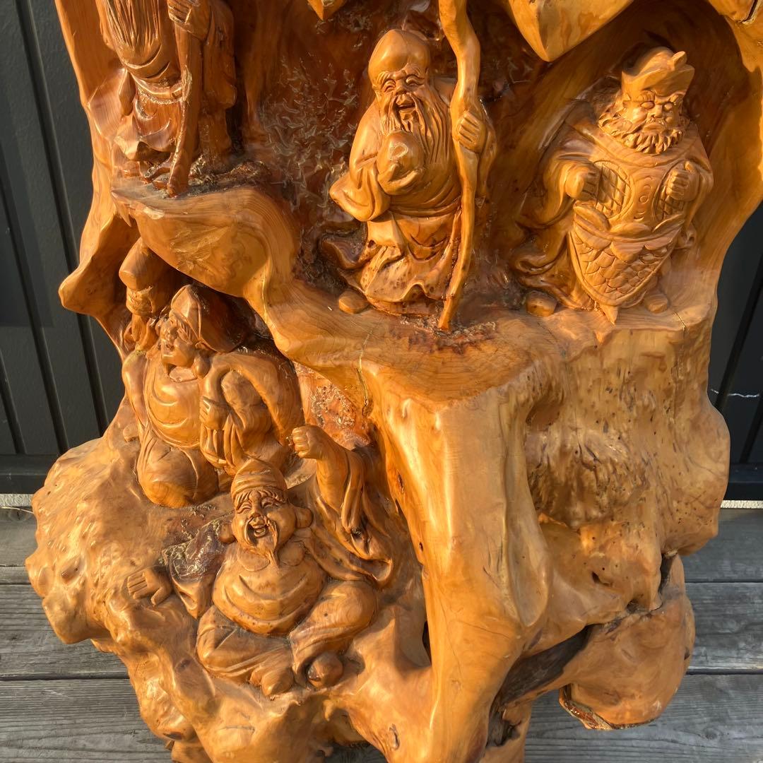 昭和レトロ 天然木 一刀彫 極上彫 木彫り 七福神 大型 置物 オブジェ 衝立