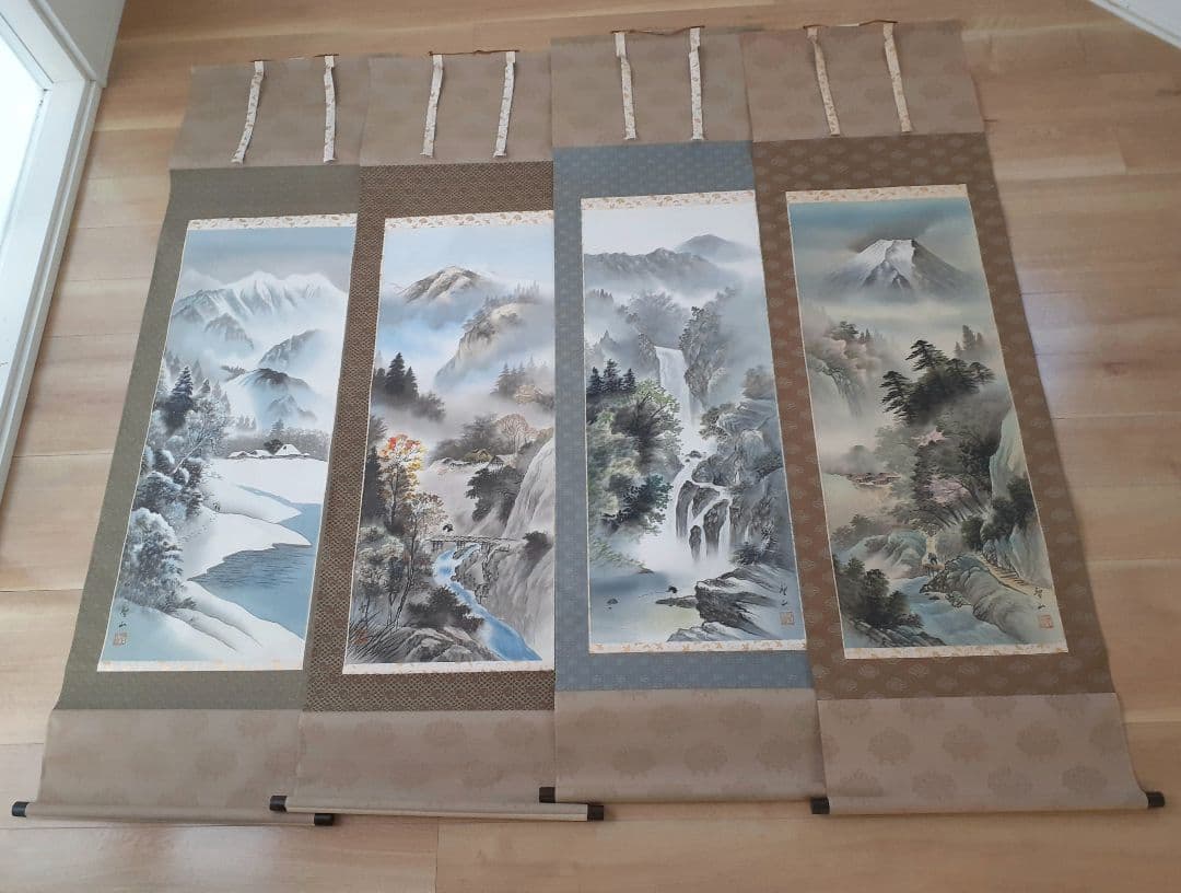 葛谷聖山　春夏秋冬 四季山水図　肉筆絹本　四幅掛軸　共箱　美品