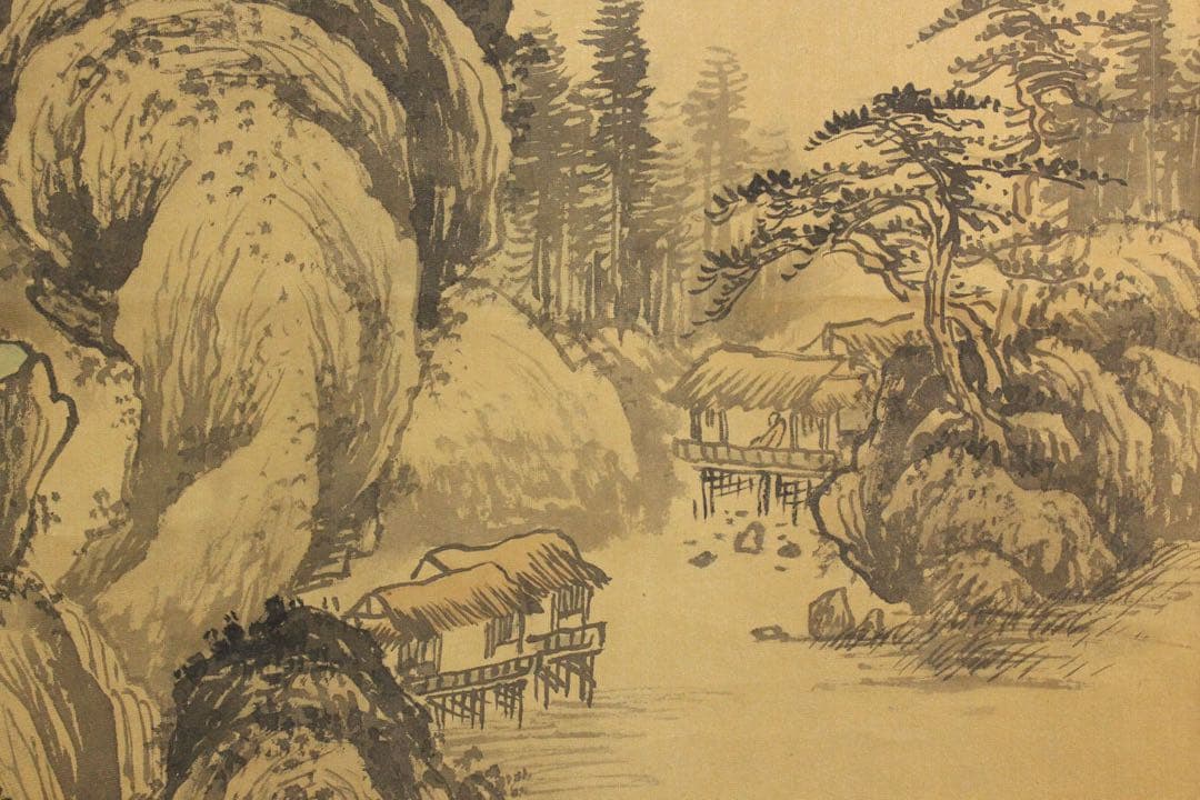 No5460 掛軸　在銘　聡博　山水画賛　絹本　紙箱付　中国画　古画　送料無料