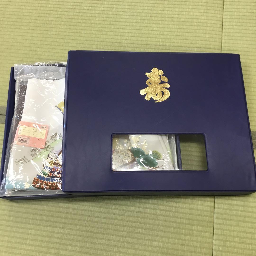 【新品未使用】七五三 5歳着物フルセット 兜柄　シミあり特価　白　紺ストライプ