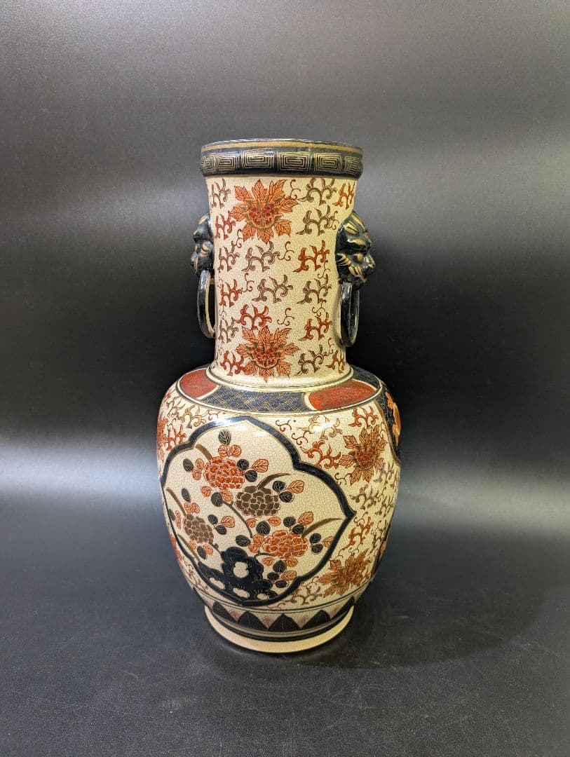 有田焼 古伊万里 伊萬里 染錦花鳥図 大花瓶 45cm 金彩 京薩摩 獅子耳付