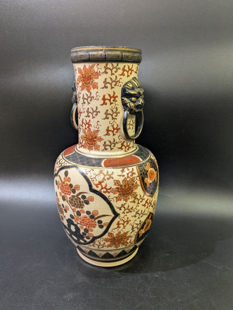 有田焼 古伊万里 伊萬里 染錦花鳥図 大花瓶 45cm 金彩 京薩摩 獅子耳付