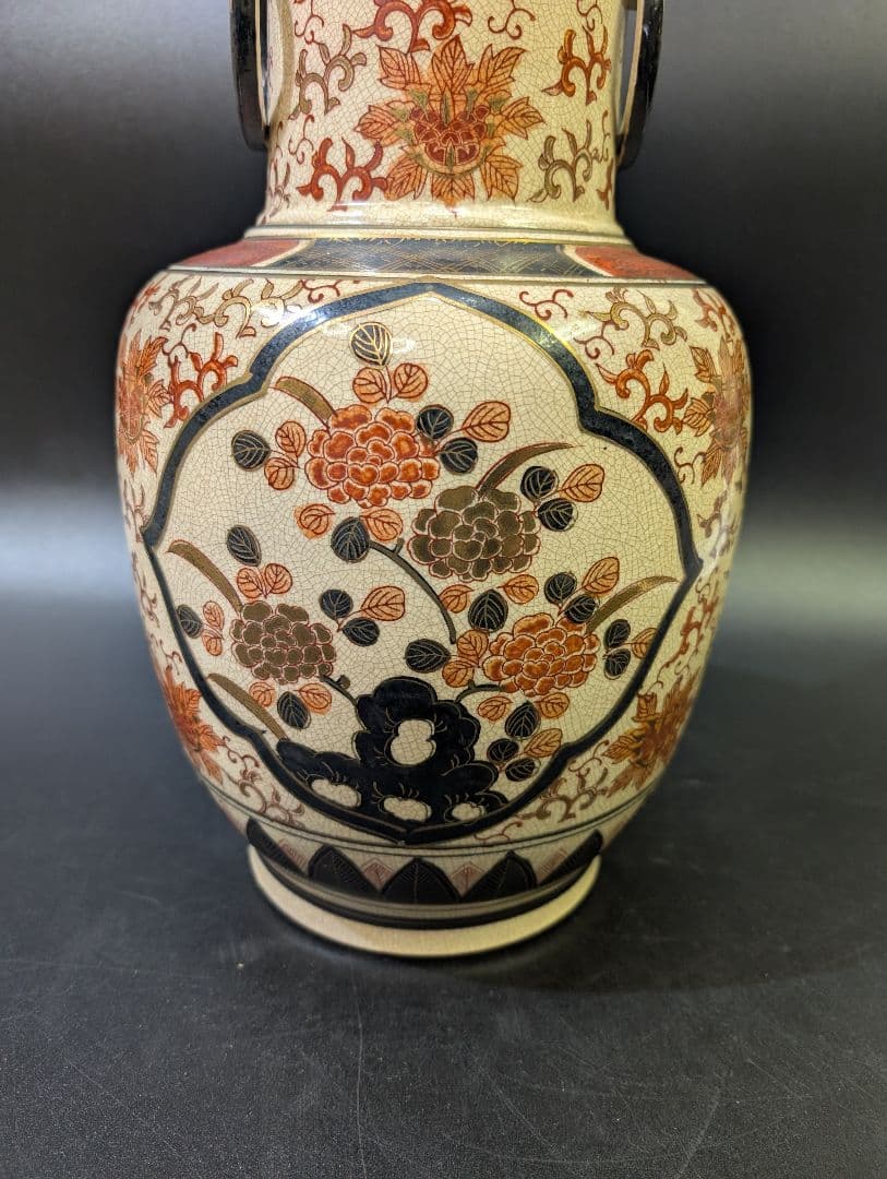 有田焼 古伊万里 伊萬里 染錦花鳥図 大花瓶 45cm 金彩 京薩摩 獅子耳付