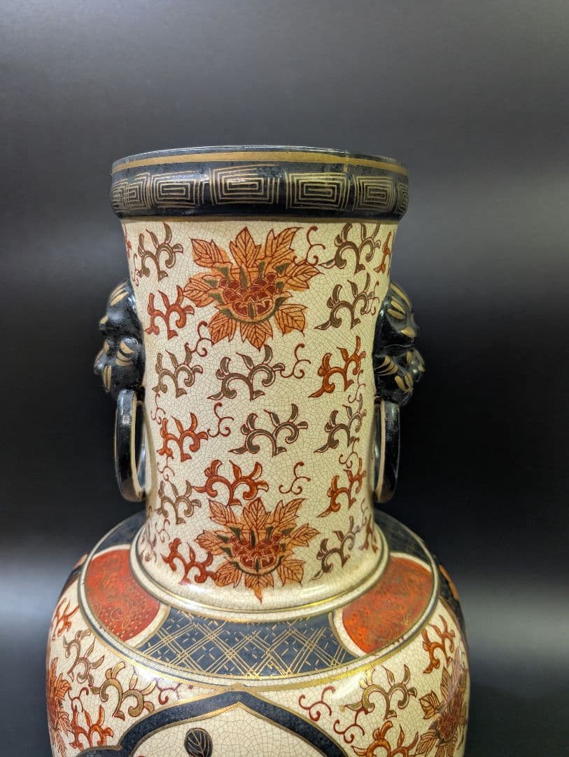 有田焼 古伊万里 伊萬里 染錦花鳥図 大花瓶 45cm 金彩 京薩摩 獅子耳付