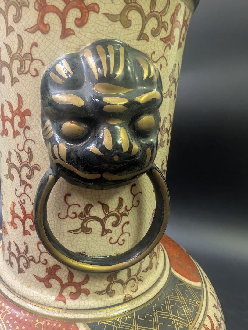 有田焼 古伊万里 伊萬里 染錦花鳥図 大花瓶 45cm 金彩 京薩摩 獅子耳付