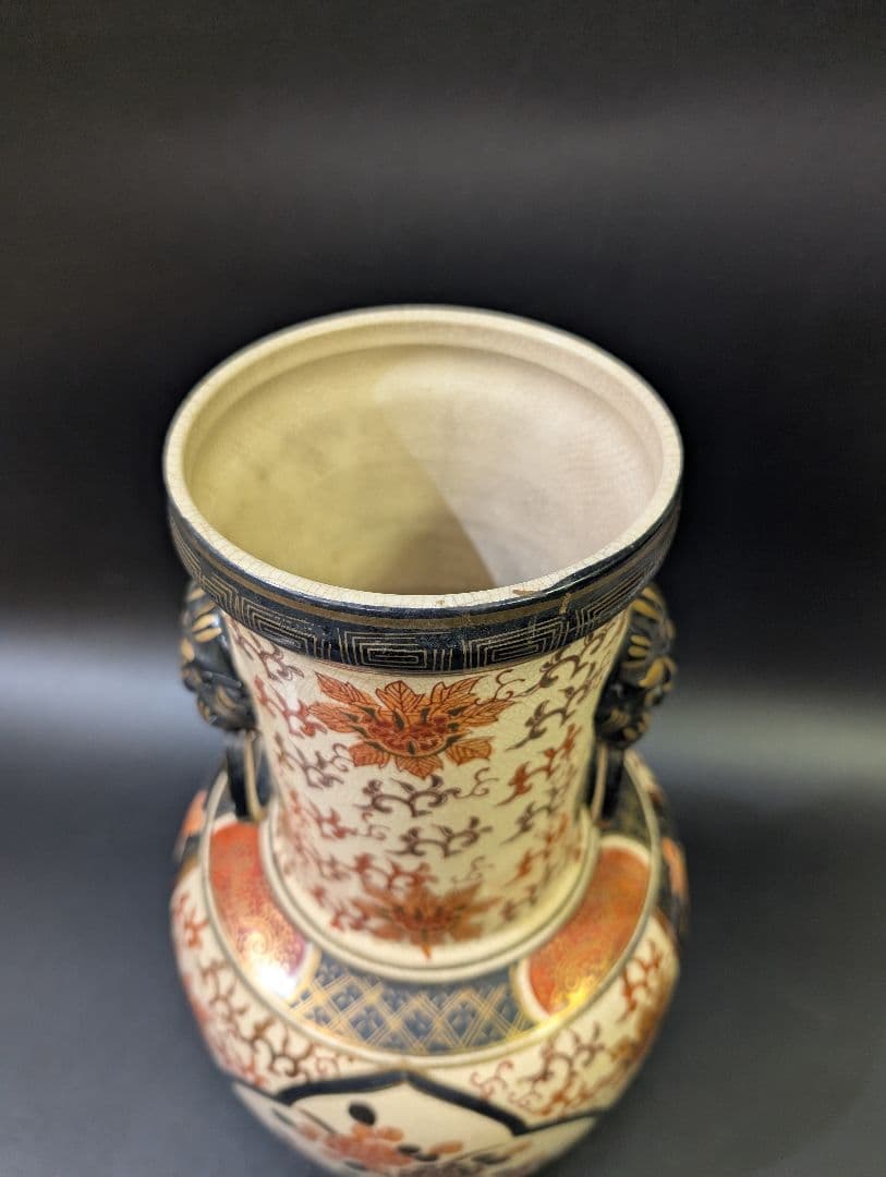 有田焼 古伊万里 伊萬里 染錦花鳥図 大花瓶 45cm 金彩 京薩摩 獅子耳付