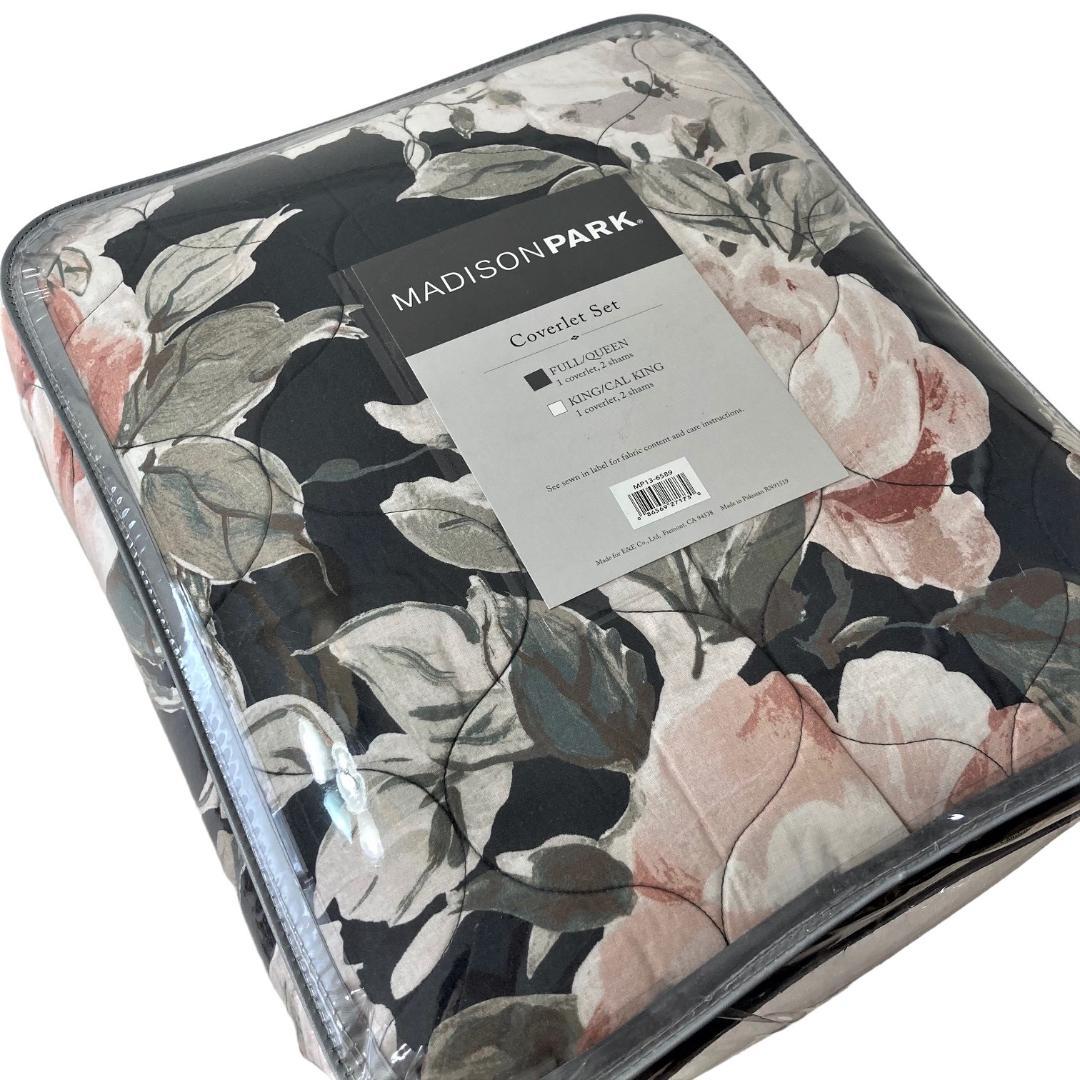 ベッドカバー キルトカバー 3点セット バラと白の花柄 ストライプ柄