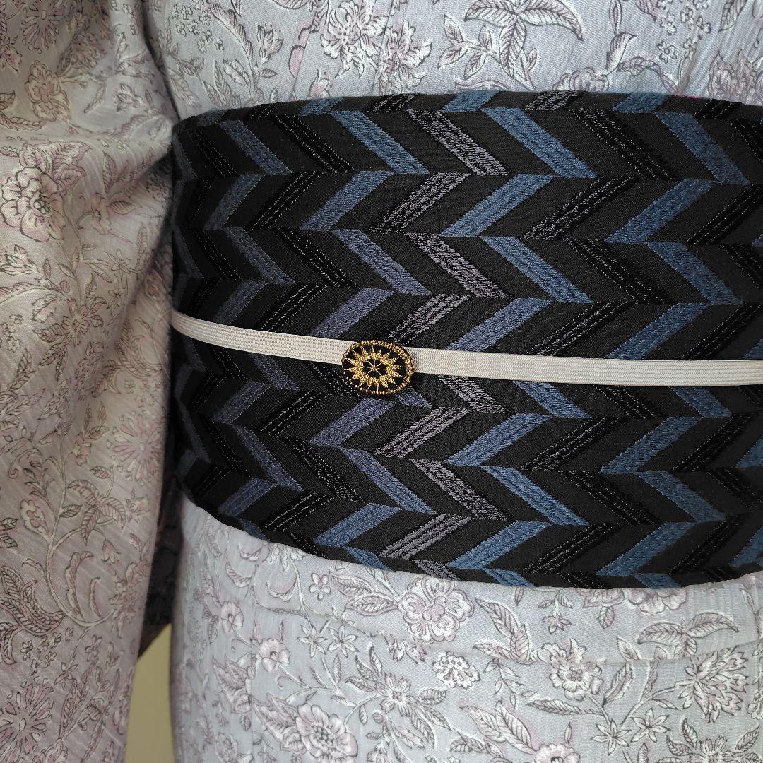 リバーシブル半幅帯　国産刺繍/ブラック（黒）歌舞伎