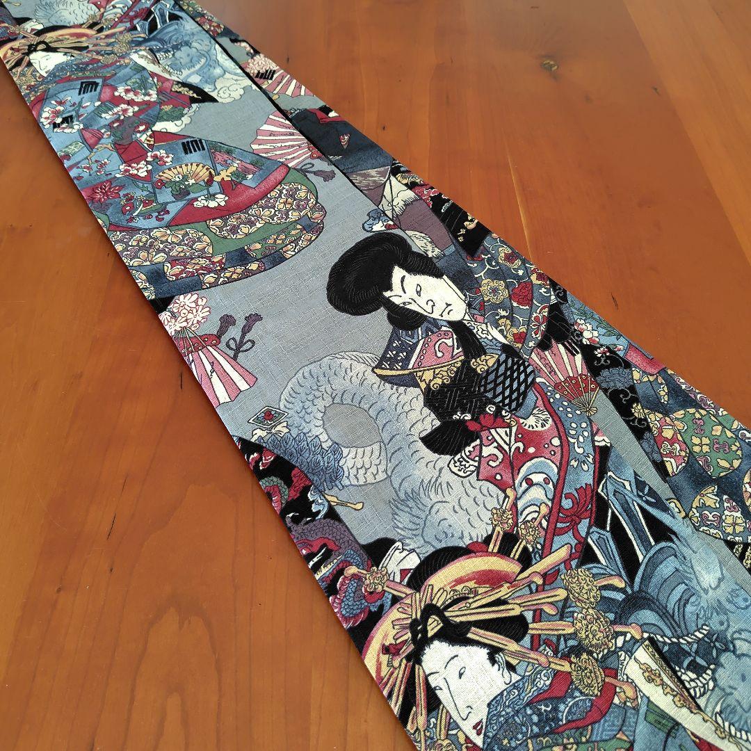 リバーシブル半幅帯　国産刺繍/ブラック（黒）歌舞伎