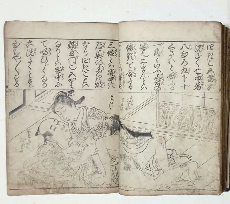 春画黒摺版画本色女大楽寳開月岡雪鼎画 宝暦年間最初4丁8ページ欠け。直し補修有り