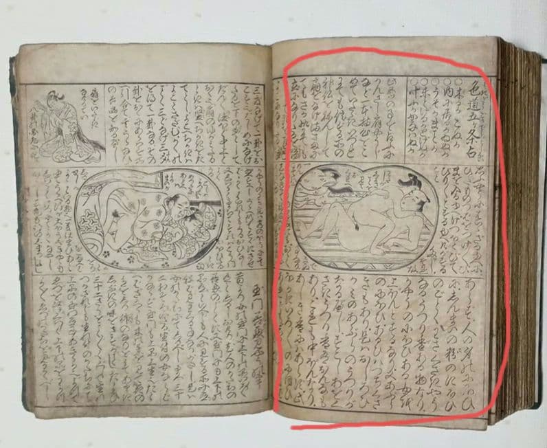 春画黒摺版画本色女大楽寳開月岡雪鼎画 宝暦年間最初4丁8ページ欠け。直し補修有り
