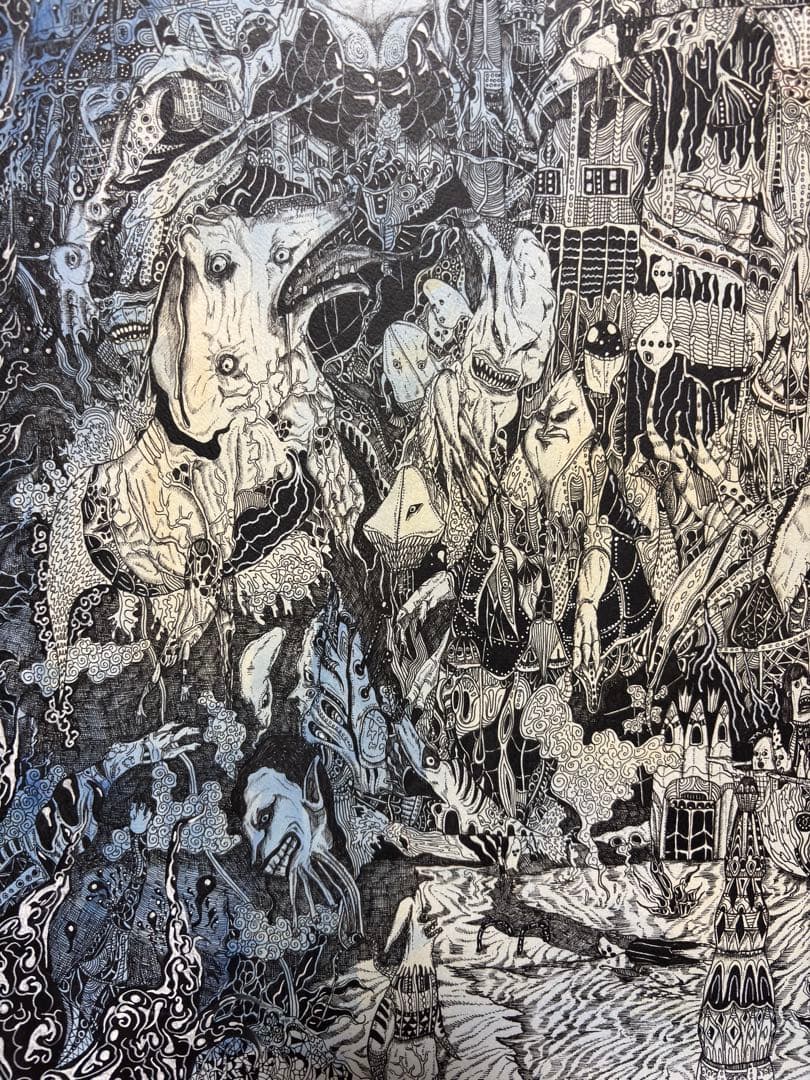 精密　アクリル、ペン画　青と黒の色調