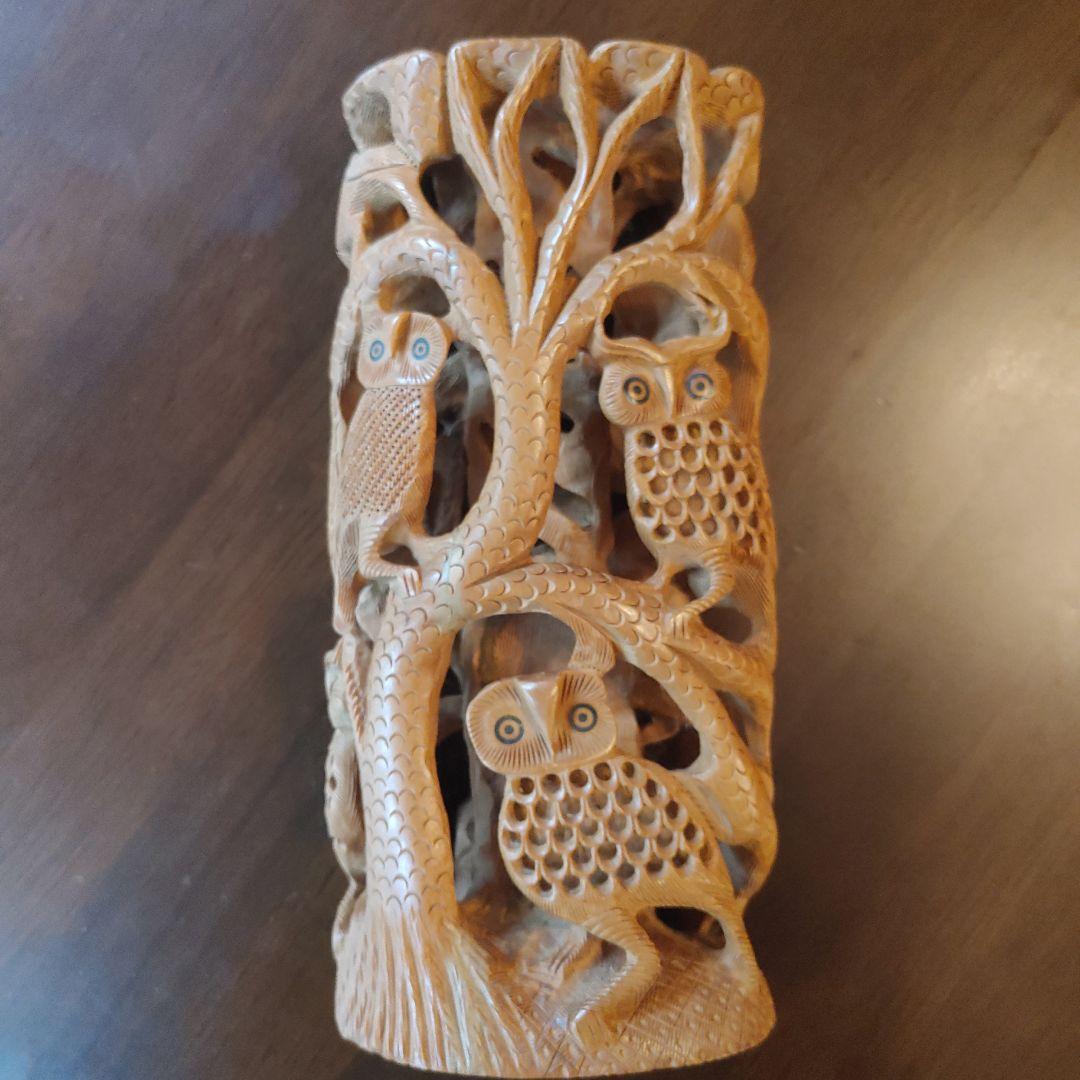白檀フクロウの木彫り彫刻 約20cm