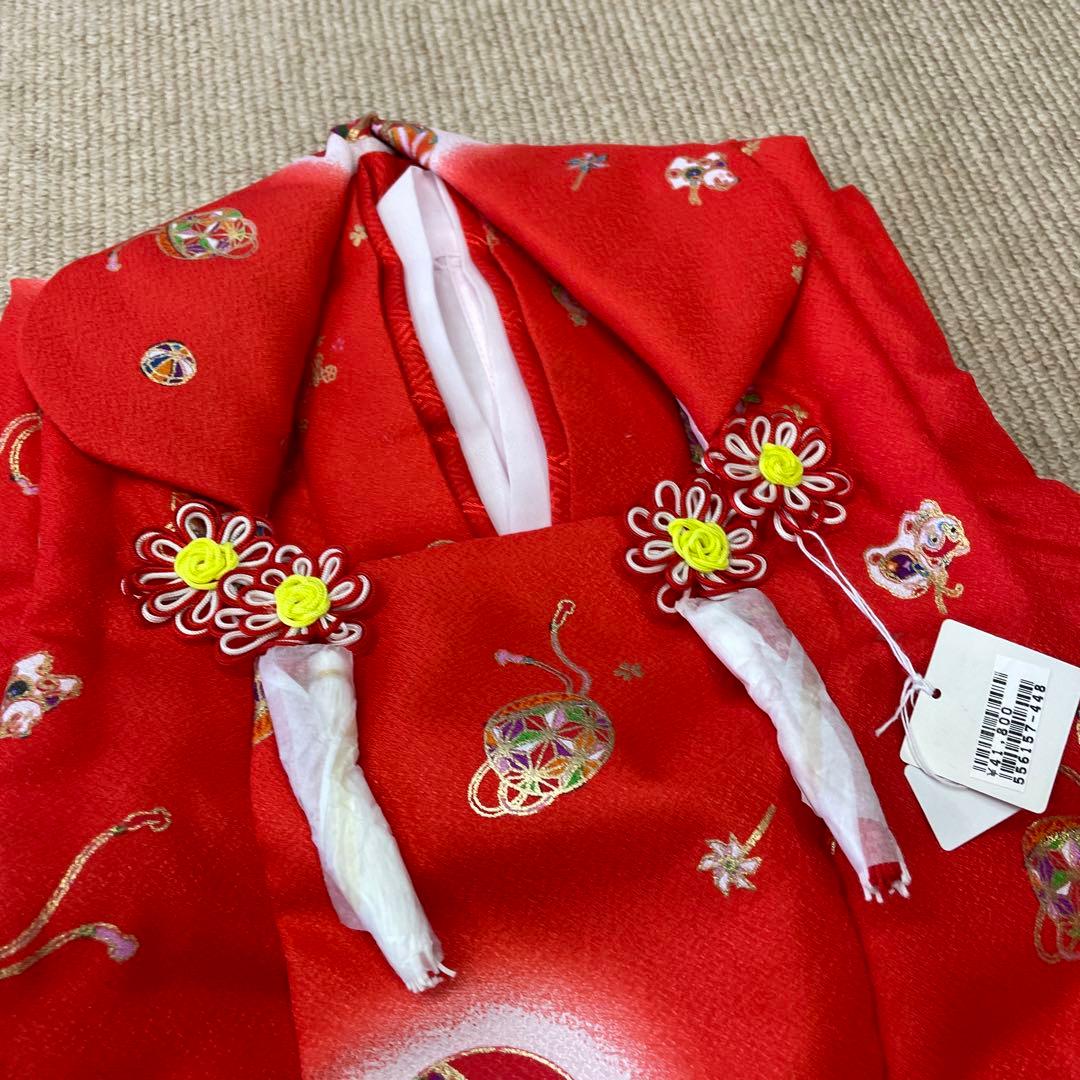 新品 七五三 三歳お祝い着 フルセット 赤 被布 着物 襦袢 草履 巾着 髪飾り
