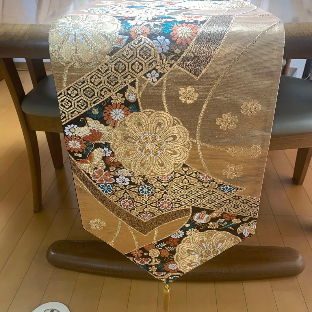 table runner 金彩「夢巻絵」　帯リメイク　正絹　長長尺