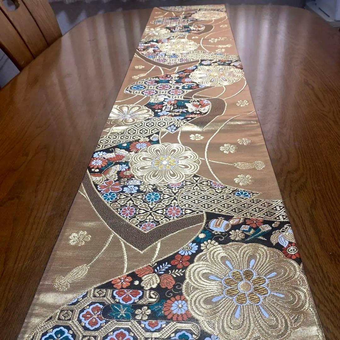 table runner 金彩「夢巻絵」　帯リメイク　正絹　長長尺