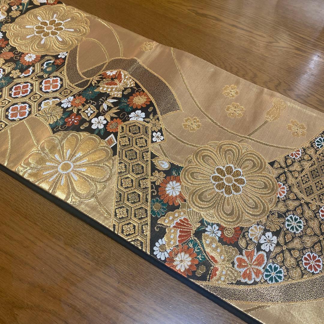 table runner 金彩「夢巻絵」　帯リメイク　正絹　長長尺