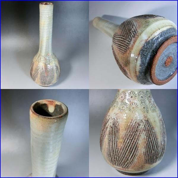 花壷■熊本喜一作 粉引櫛目 三島手 印花文 鶴首 壺 共箱 作家物 時代物 骨董