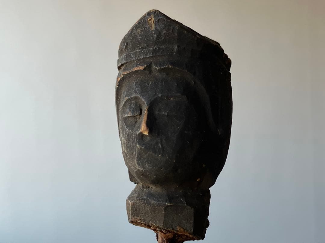 【未だ曇らずも 古い木彫仏頭 約4㎝ 江戸期頃 残欠】地方民間信仰 仏像 骨董