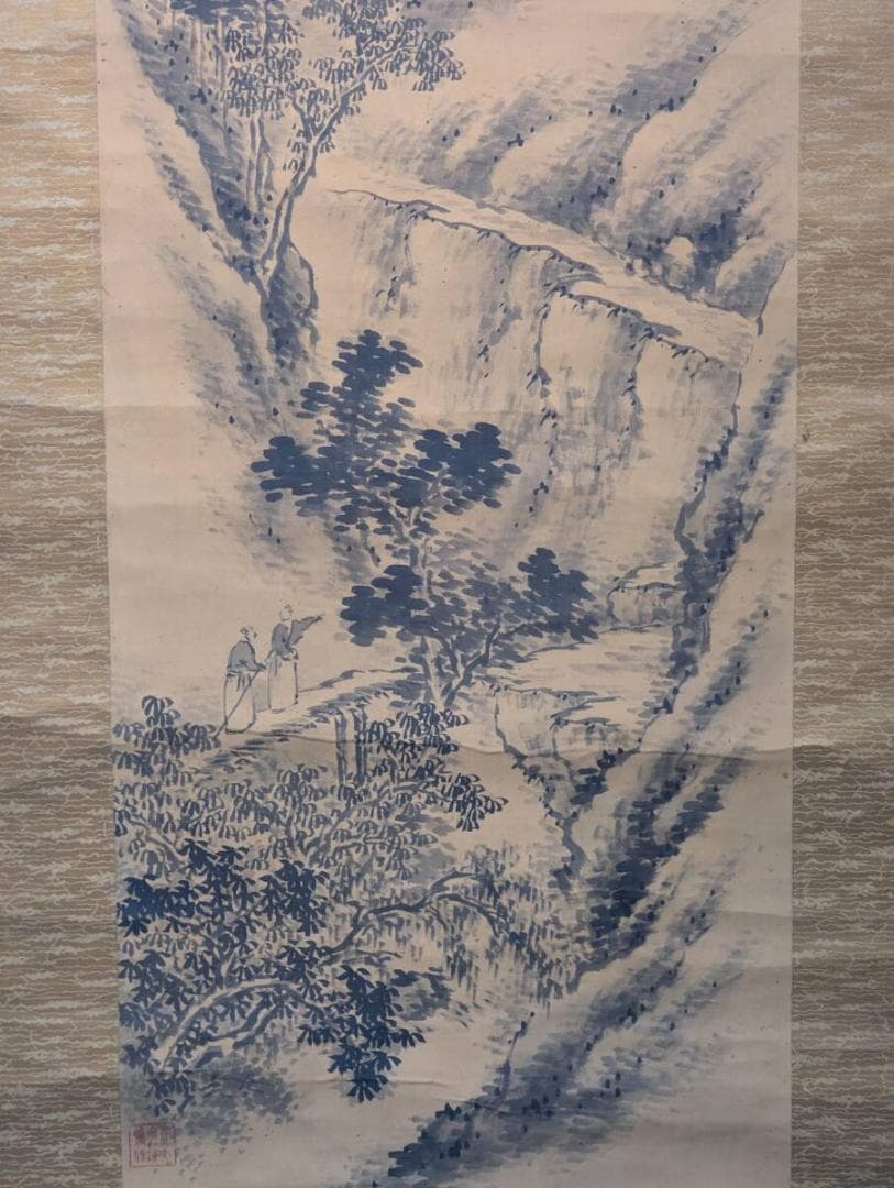 【真作】掛軸　文人山水図　瀧と山村・高士図　墨雅の日本画　V90