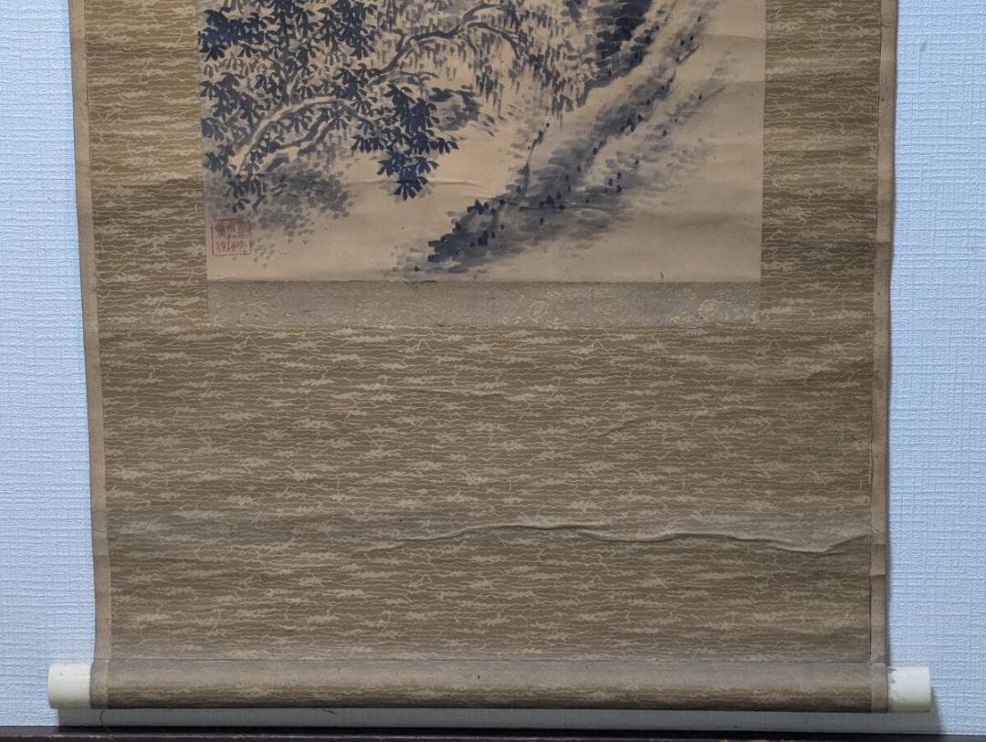 【真作】掛軸　文人山水図　瀧と山村・高士図　墨雅の日本画　V90