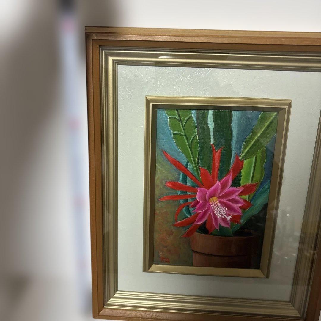 花の油彩画 木製フレーム付き