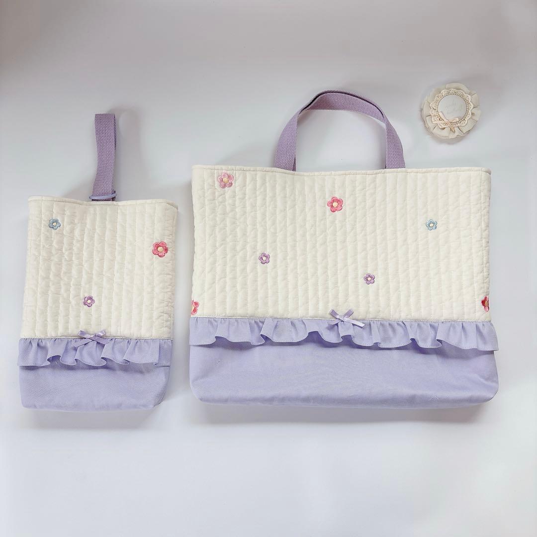 ヌビ　お花　刺繍生地　レッスンバッグ　上履き袋　体操着袋　キルト　キルティング