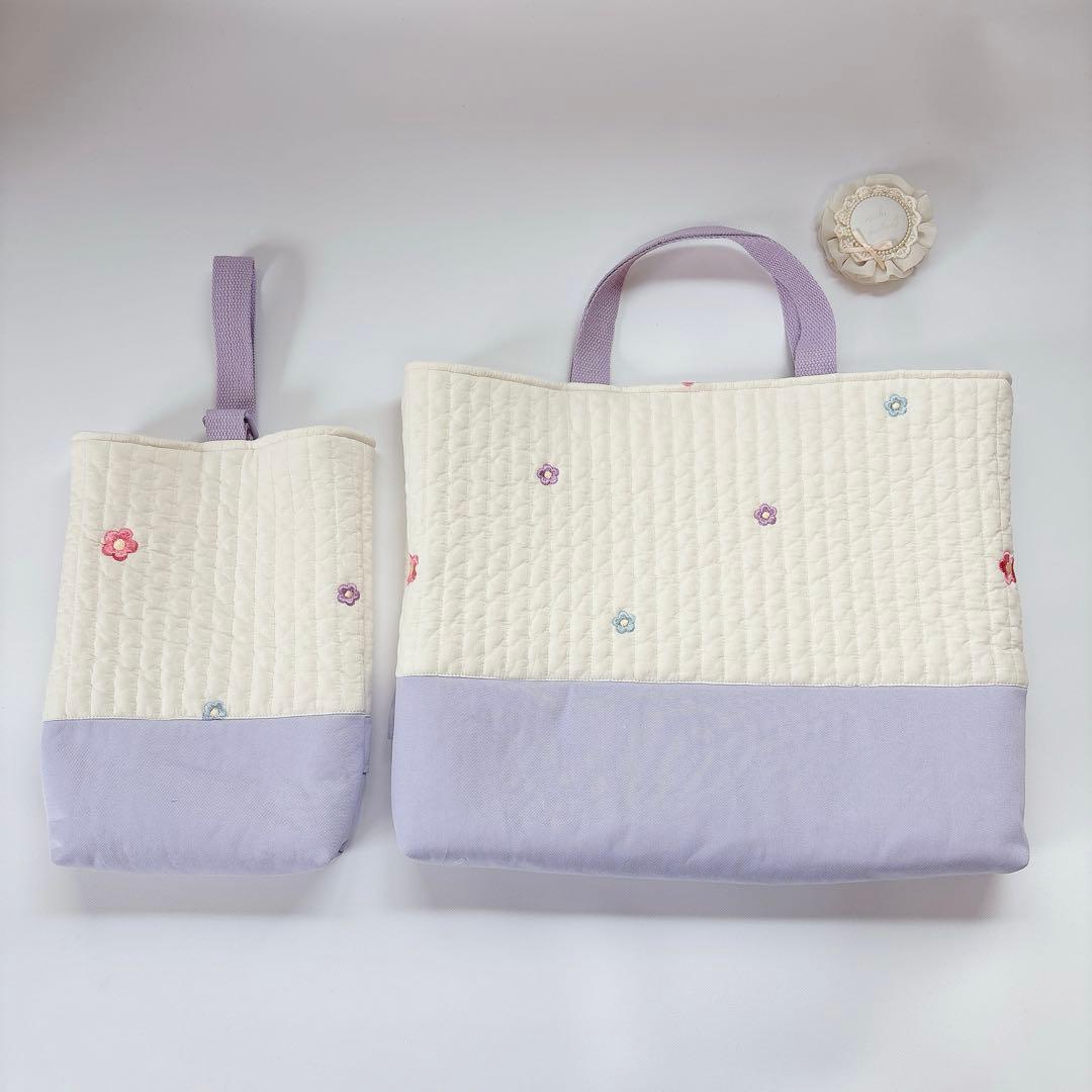 ヌビ　お花　刺繍生地　レッスンバッグ　上履き袋　体操着袋　キルト　キルティング