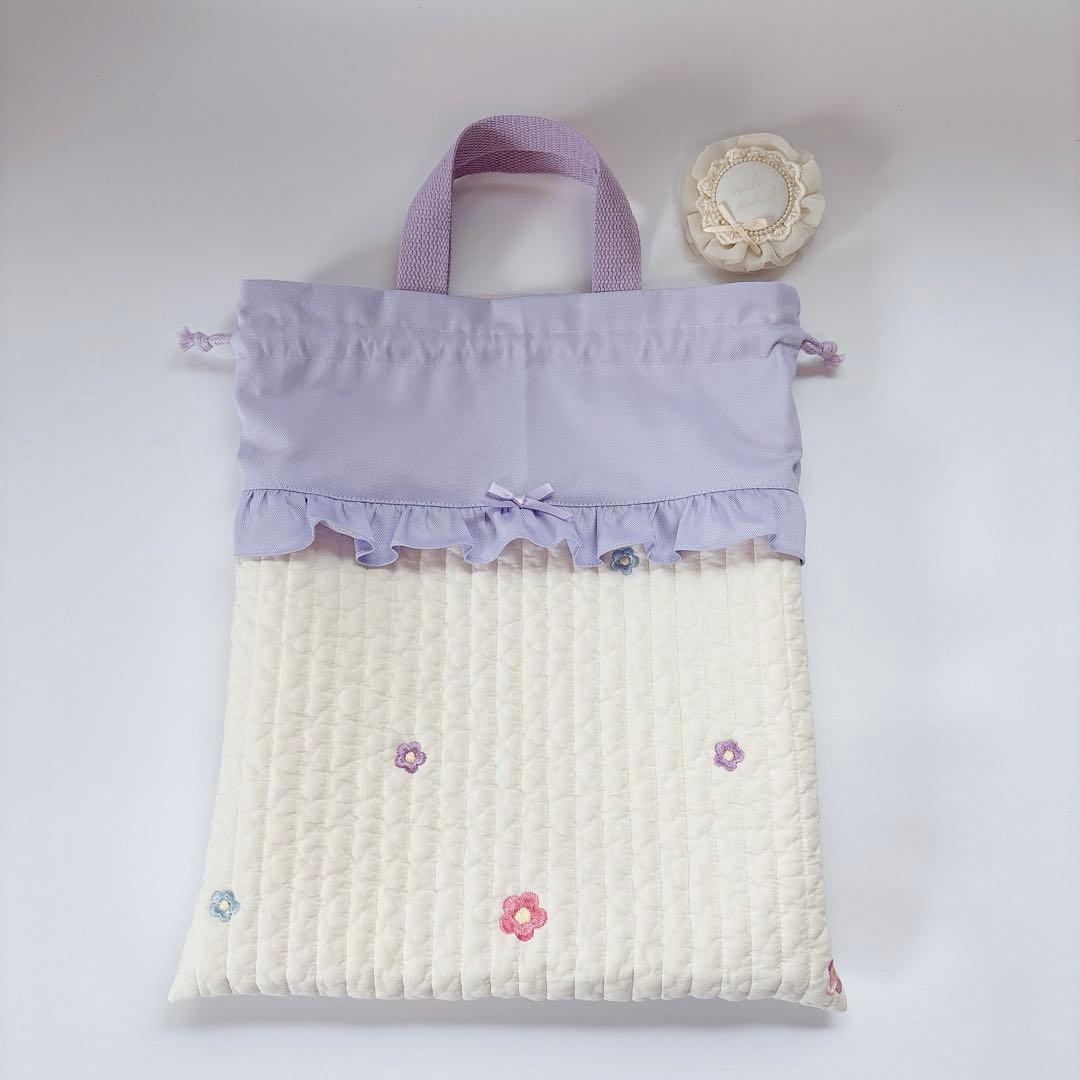 ヌビ　お花　刺繍生地　レッスンバッグ　上履き袋　体操着袋　キルト　キルティング