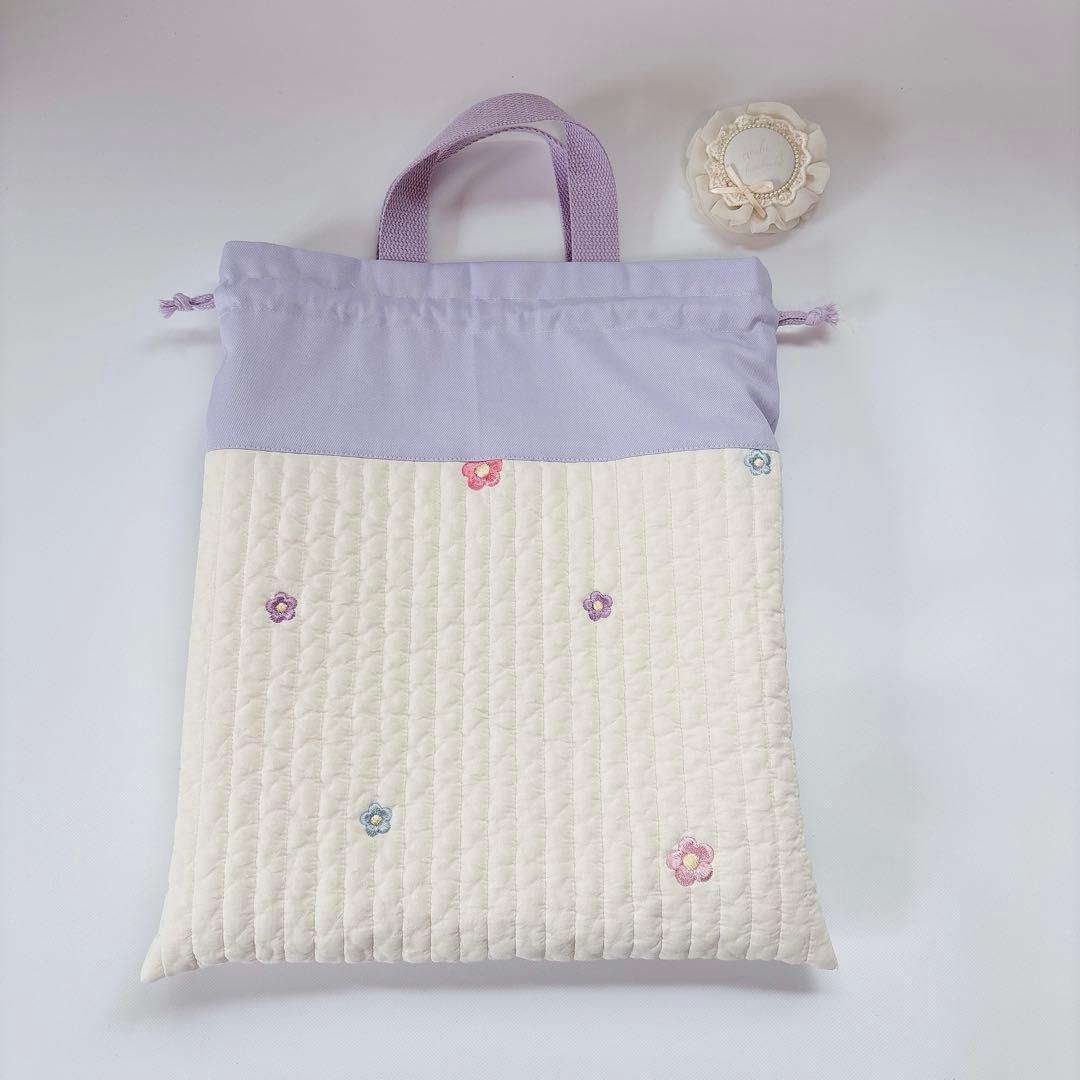 ヌビ　お花　刺繍生地　レッスンバッグ　上履き袋　体操着袋　キルト　キルティング