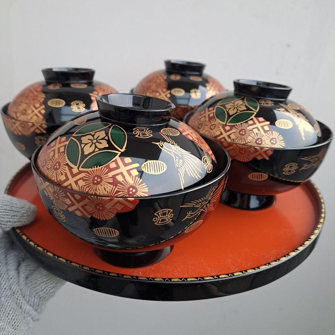 【会津漆器　御吸物椀×4客】天然木製　錦絵　長期保管品