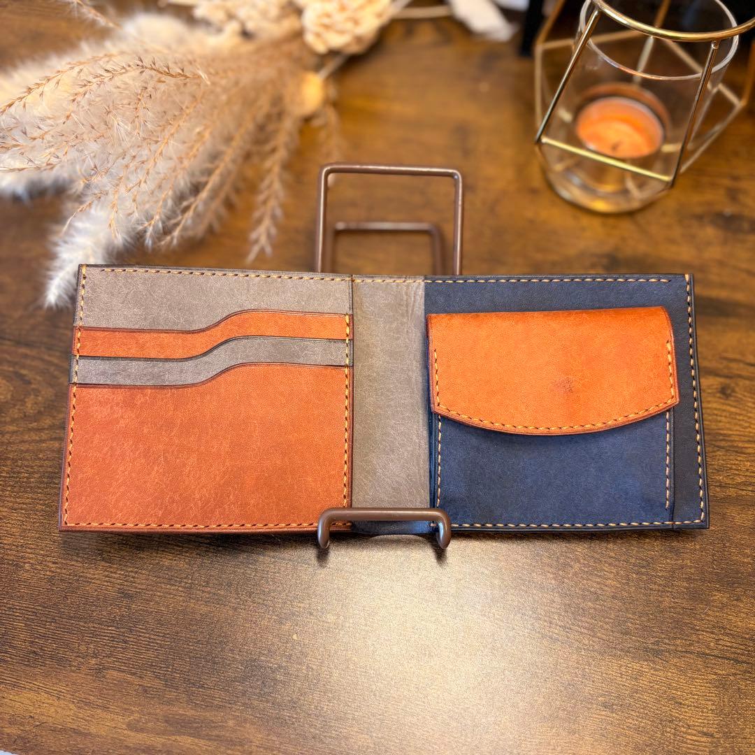 二つ折り財布　レザークラフト　ハンドメイド　本革　ブラウン　ブルー