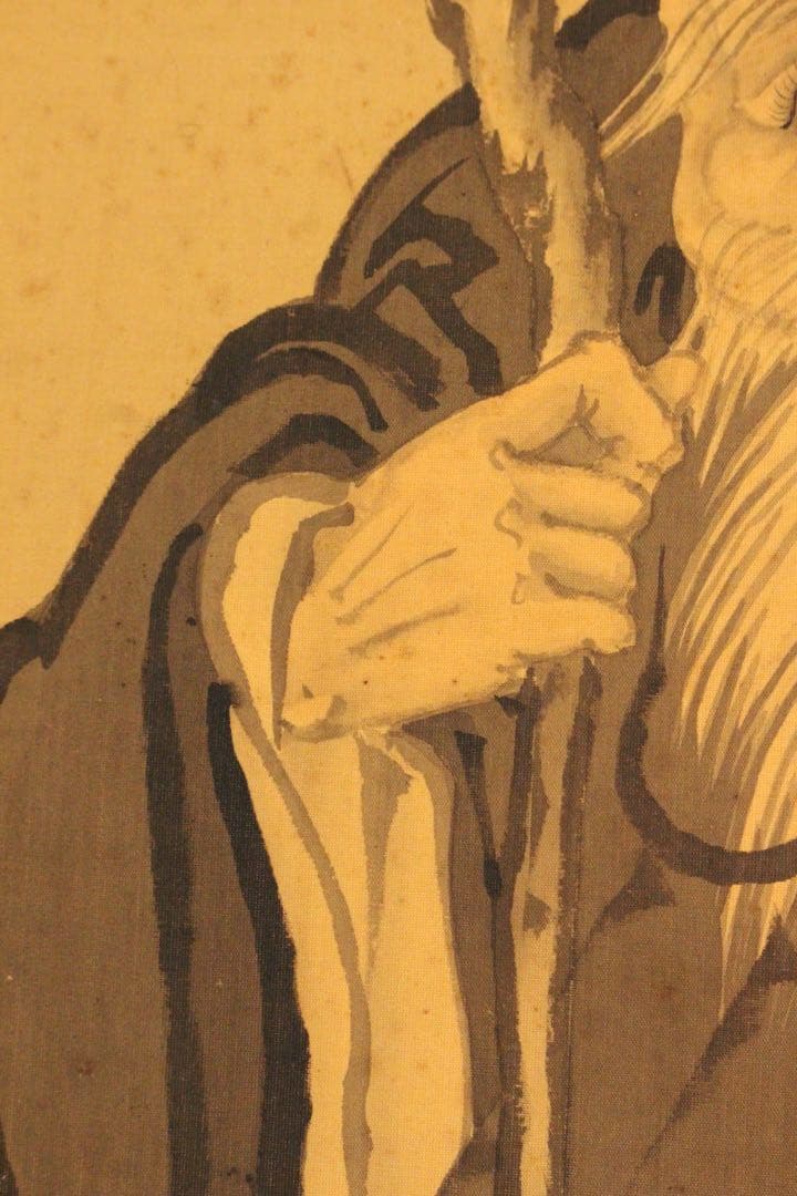 No4986 掛軸　在銘　鶴川　寿老人画賛　絹本　合箱　唐画　日本画　送料無料