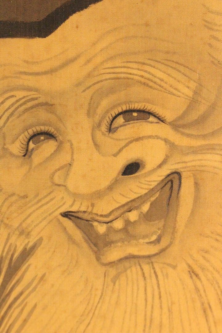 No4986 掛軸　在銘　鶴川　寿老人画賛　絹本　合箱　唐画　日本画　送料無料