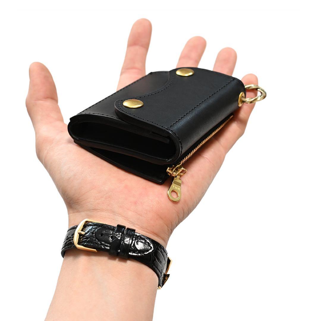 牛革コンパクトトラッカーウォレット ブラックレザー カウハイド ミニショート財布