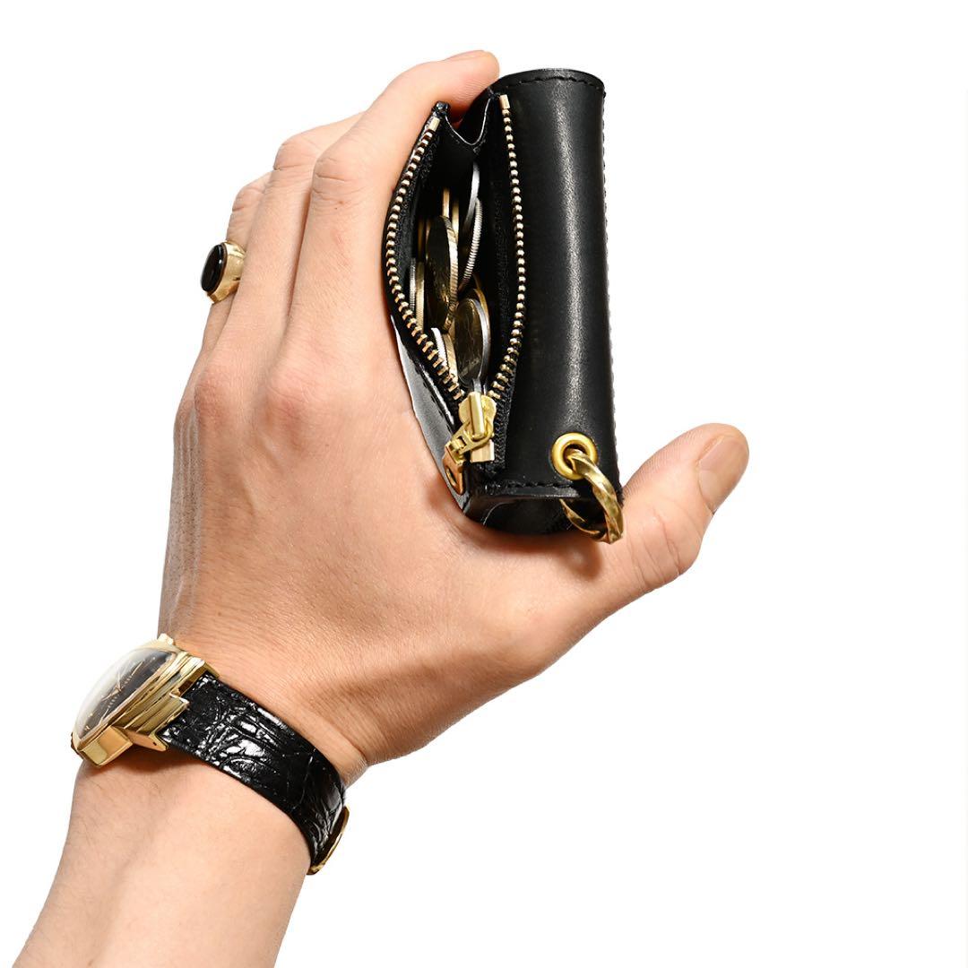 牛革コンパクトトラッカーウォレット ブラックレザー カウハイド ミニショート財布