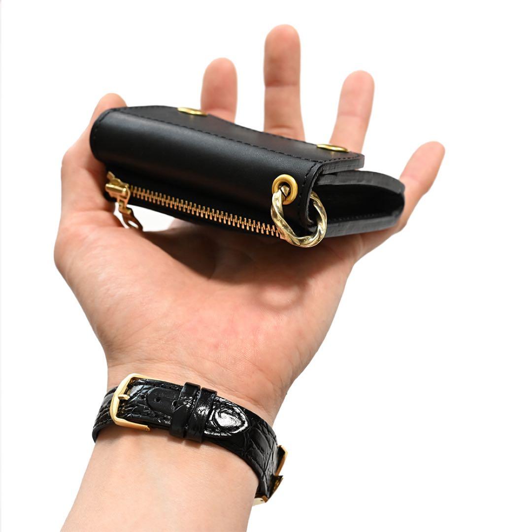 牛革コンパクトトラッカーウォレット ブラックレザー カウハイド ミニショート財布