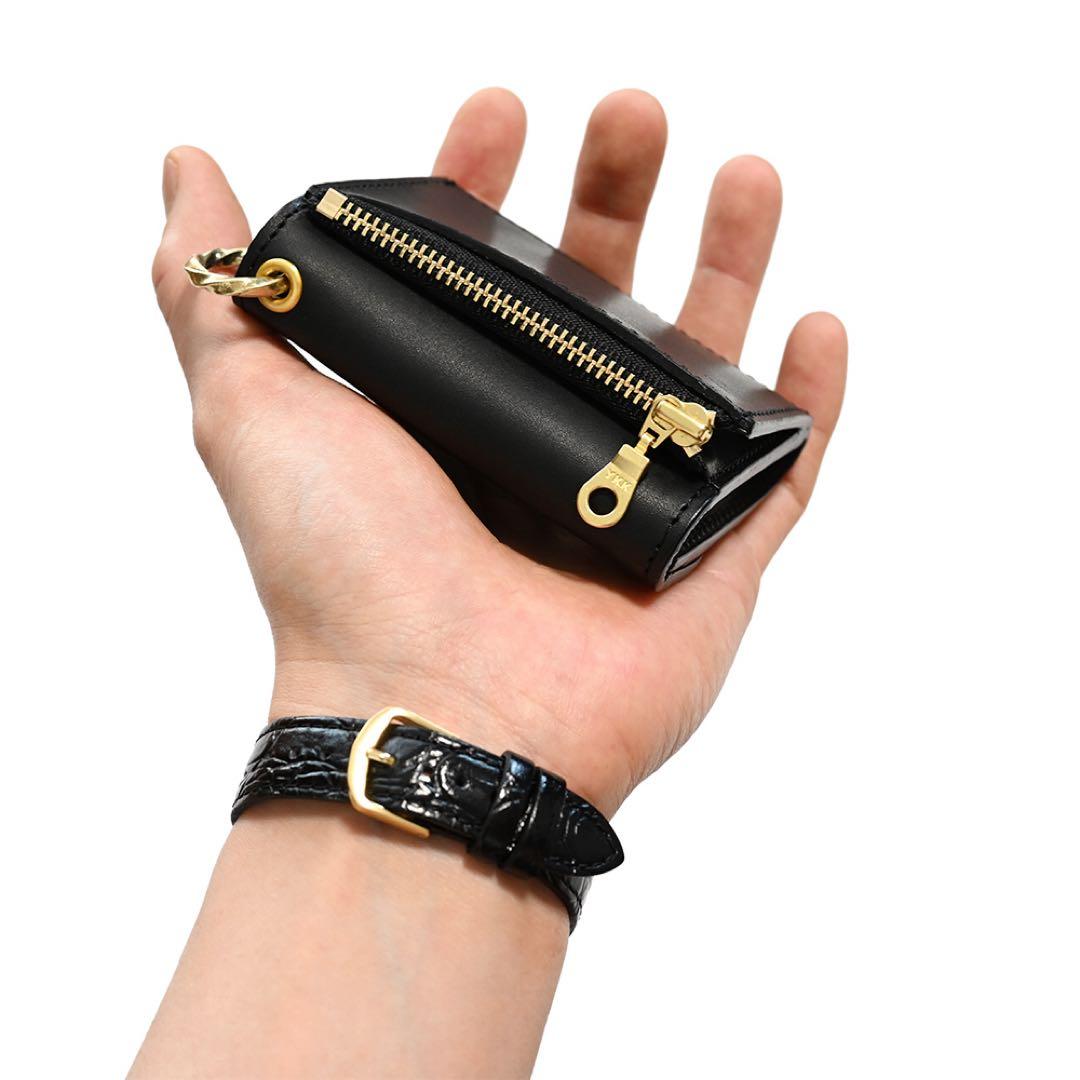 牛革コンパクトトラッカーウォレット ブラックレザー カウハイド ミニショート財布