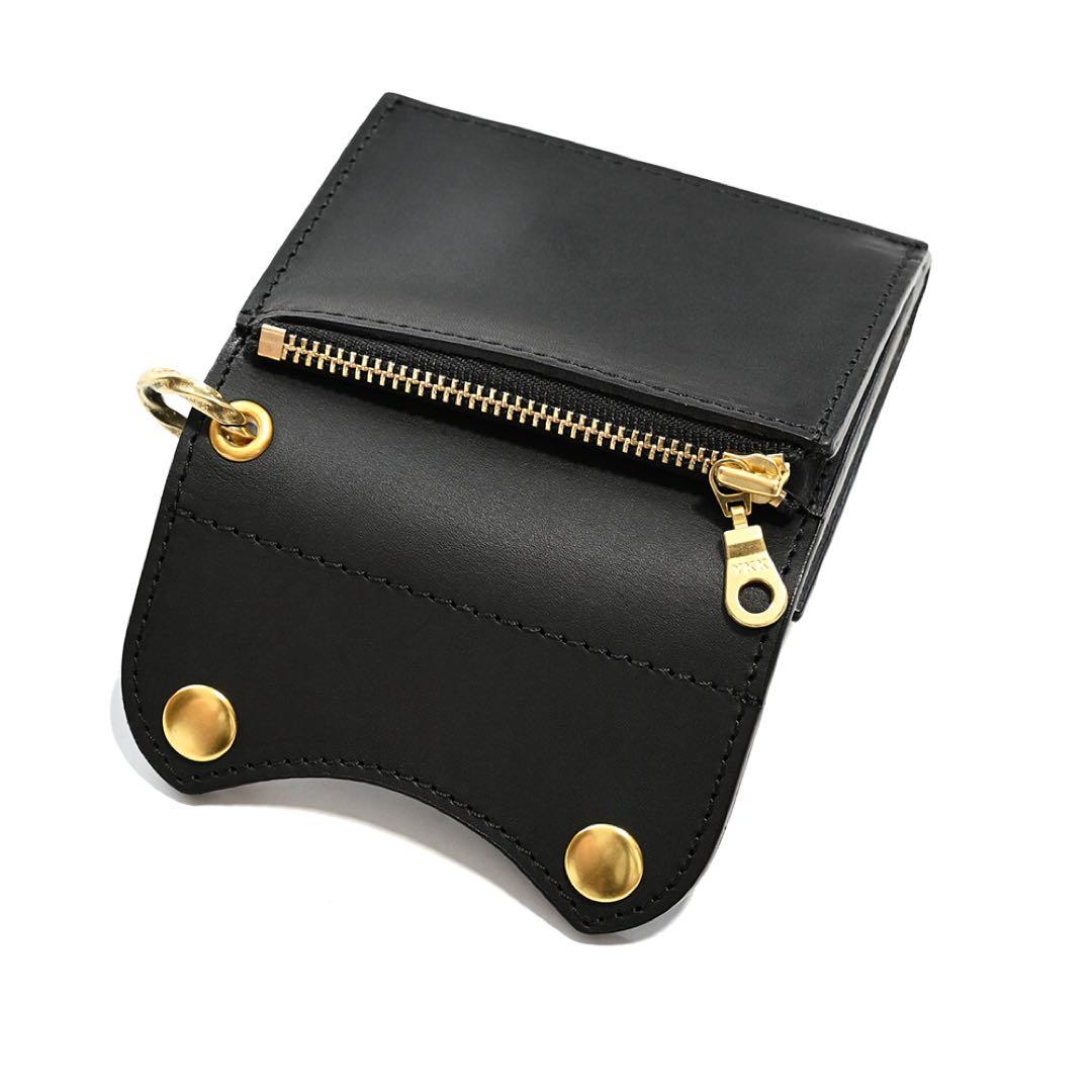 牛革コンパクトトラッカーウォレット ブラックレザー カウハイド ミニショート財布