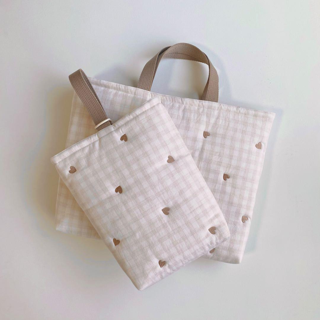 ふわふわキルト　レッスンバッグ　シューズ袋　刺繍　韓国 ハート チェック 女の子