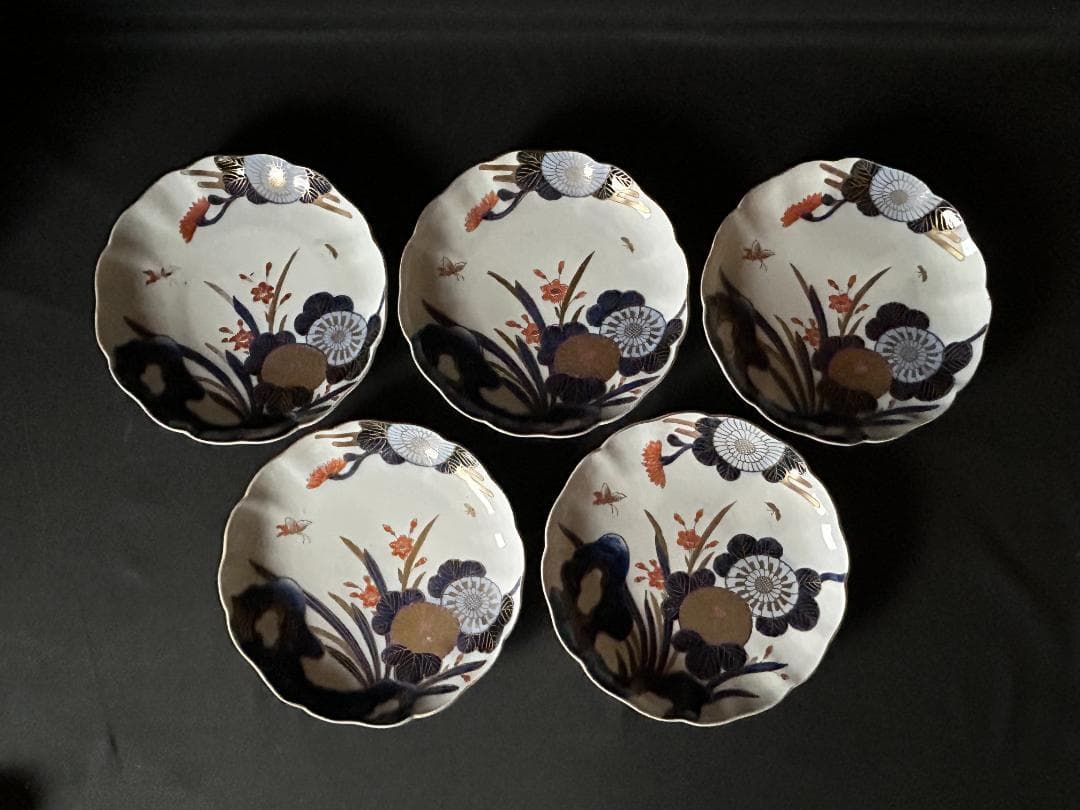 古伊万里 染錦 金彩 花蝶図 八寸皿 5客 江戸後期 パスタ皿 85